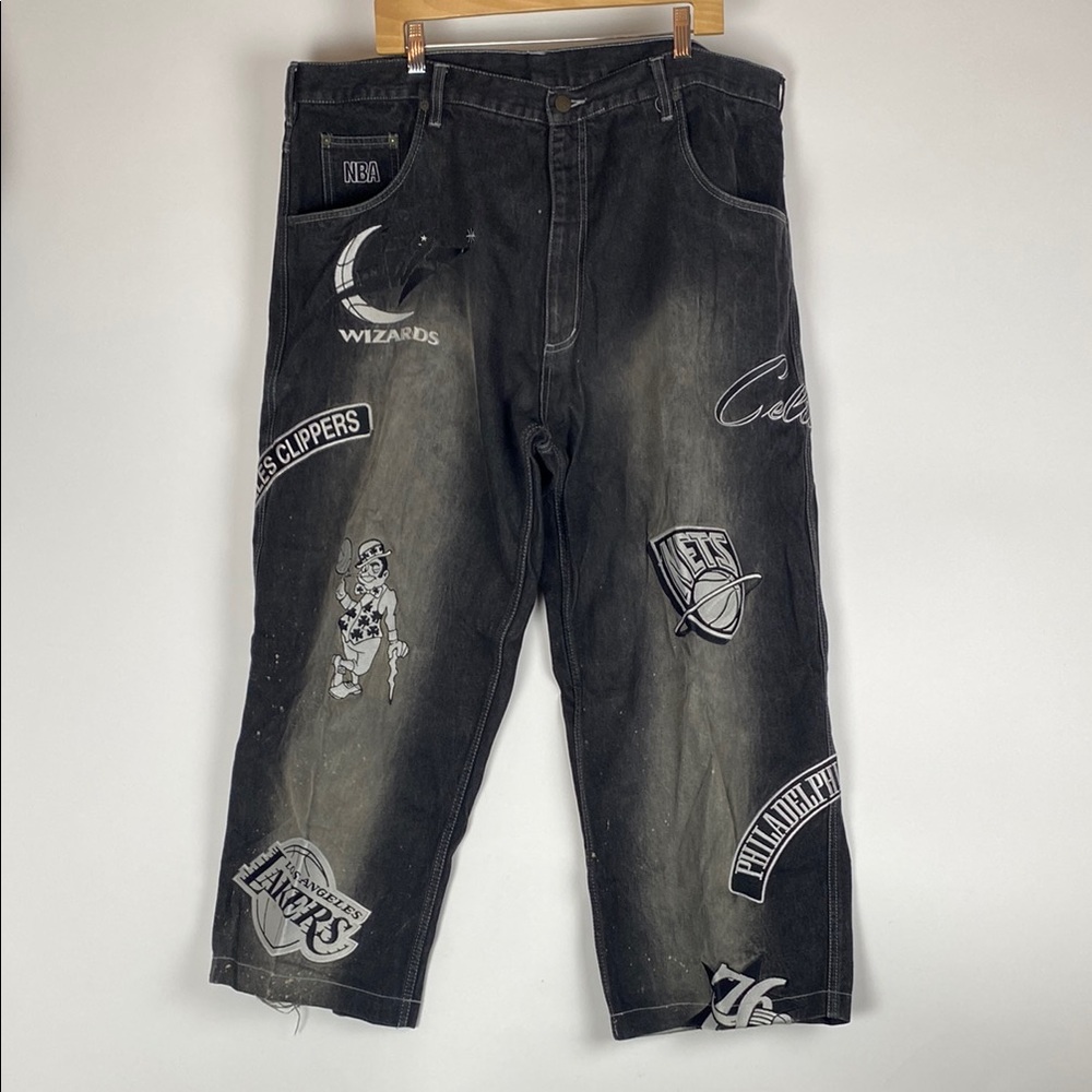 VTG Y2K UNK NBA  Jeans Mens Sz 42 X 27.5 Baggy Embroidered Denim Skater Wide Leg